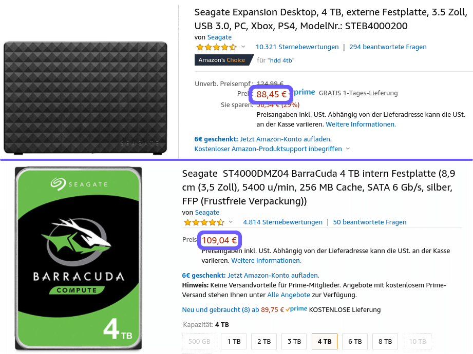As you'll later see, these are the same exact drives. However, the internal one is about 20€ more